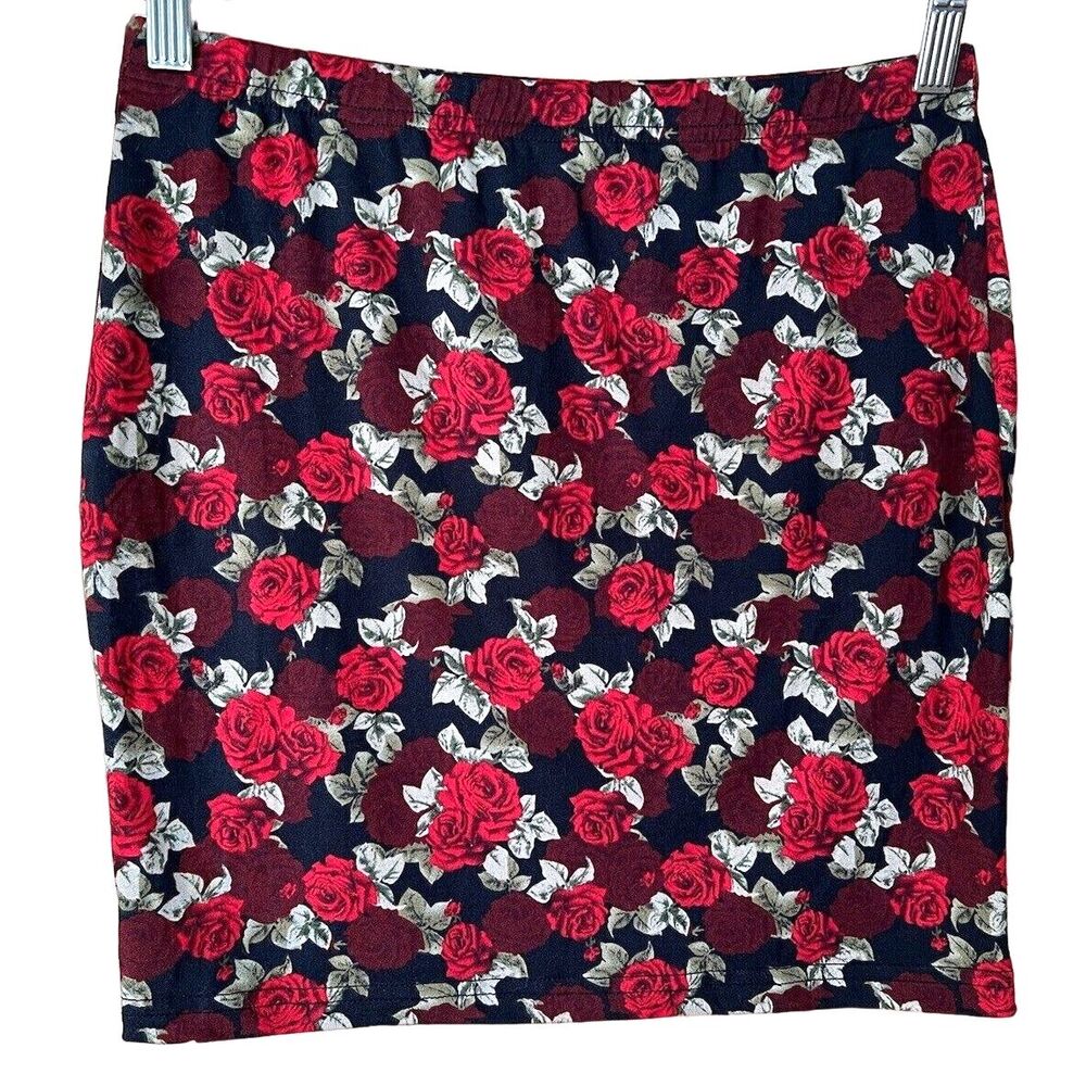 Shein Rose Print Mini Skirt Floral Black Red NWOT M
